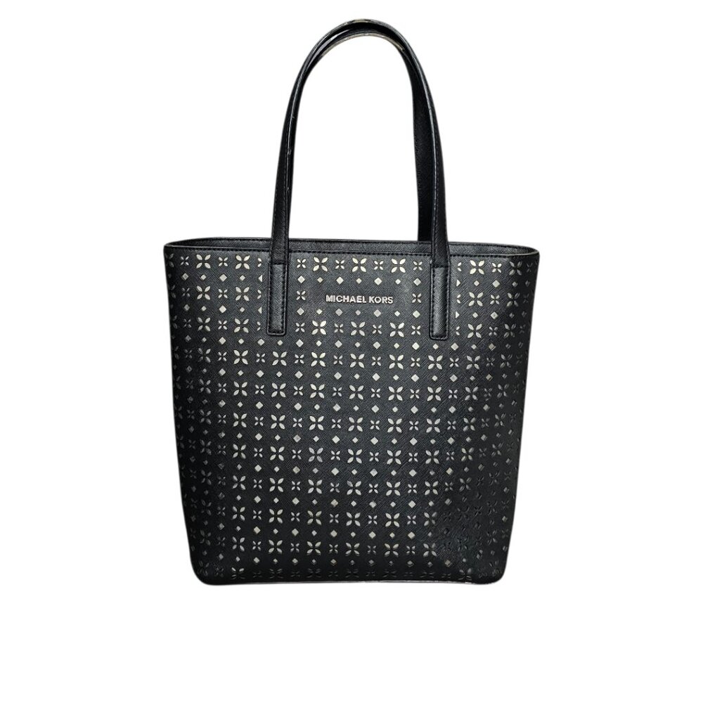 Michael Kors Hayley Tote Laser-cut Leather Medium Black And Silver Handbag COA - Picture 12 of 15